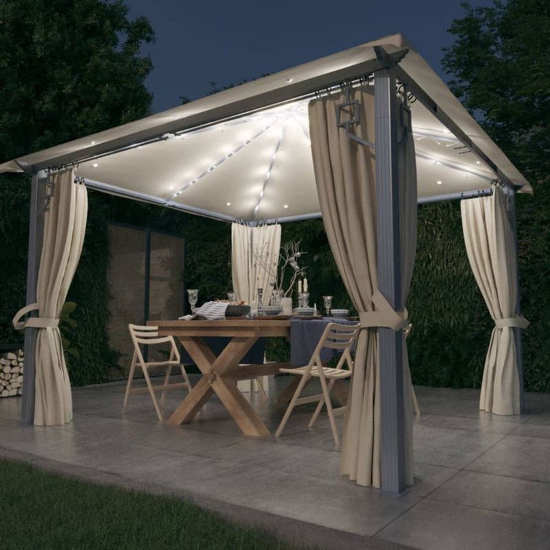 The Living Store Prieel met gordijn en LED-lichtslinger 3x3 m aluminium crème - Tuinpaviljoen - Tuinzalen - Buitenspeelplek - Veranda - Overkapping