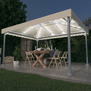 The Living Store Prieel met LED-lichtslinger 400x300 cm aluminium crèmekleurig - Tuin Prijzel - Gazebo - Overkapping - Buitenshuis Dineren - Lounge Set