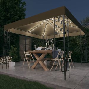 The Living Store Prieel Gazebo 3x3m - Taupe - Stof met PA-coating - Gepoedercoat Staal - Met Lichtslinger - 43 LEDs - Zonne-energie - Montage vereist