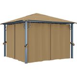 The Living Store Prieel met gordijn 300x300 cm aluminium taupe - Tuin Prijzel - Prieel Taupe - Tuinkamer - Buisdak - Overkapping
