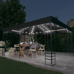 The Living Store Prieel met LED-lichtslinger 3x4 m antracietkleurig - Tuinpaviljoen - Tuinkamer - Buitenterras - Zonwering - Lounge Set