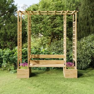 The Living Store Massief Grenenhouten Pergola - Tuinboog met Bank en Plantenbakken - 230x60x198 cm - Groen Geïmpregneerd