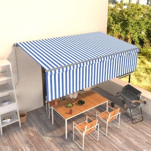 The Living Store Luifel handmatig uittrekbaar met rolgordijn 5x3 m blauw en wit - Buitenluifel - Zonnescherm - Aluminium Frame - Polyester Stof - Rolgordijn