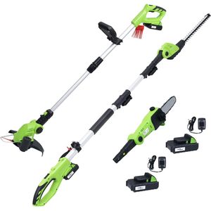 The Living Store Tuingereedschapsset - Heggenschaar en takkenzaag - Grastrimmer - Draadloos - Met opladers en 20 V 1.500 mAh Li-ion-accus - Groen en zwart - Kunststof en metaal