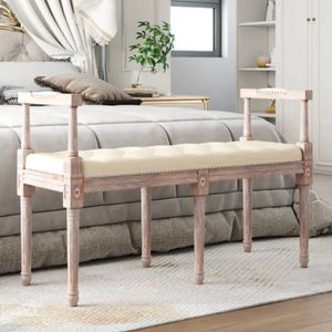 The Living Store Franse Vintage Gangbankje - 110 x 40 x 70 cm - Beige - Stof en Hout