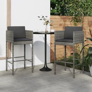 Barhocker 2 Stk. mit Kissen Grau Poly Rattan - Barhocker - Gartenstühle - Esszimmerstühle - Balkonmöbeln - Terrasse Möbel - The Living Store