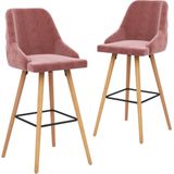 The Living Store Barstoelen Velvet - Roze - Beukenhout - Set van 2 - 48x55x106 cm - Voetensteun - Montage vereist