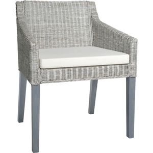 The Living Store Rattan Eetkamerstoel - 60x60x79 cm - Grijs - Crèmewit kussen