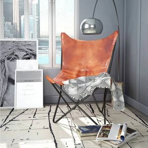 The Living Store Vlinderstoel echt leer bruin - Vlinderstoel - Echt Leer - Vintage Stijl - Bruine Fauteuil - Salonmeubel