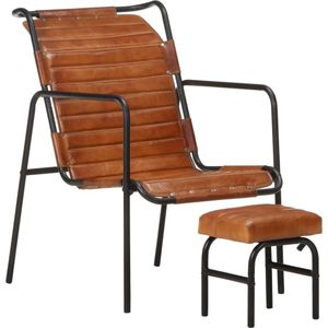 The Living Store Vintage Fauteuil - Bruin Leer - Stoel (54x71x80cm) - Voetenbank (23x26x29cm)