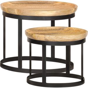The Living Store Runde Beistelltische 2 Stk. Mango Massivholz und Stahl - Beistelltisch - Industriel Stil - Mangoholz Tisch - Runder Tisch - Set Von