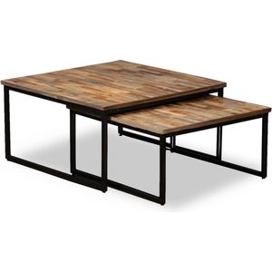 The Living Store Salontafelset Industrieel - Gerecycled Teakhout - Staal - 75x75x39cm - 65x65x33cm - Uniek