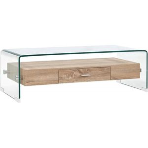 The Living Store Salontafel - Transparant en eiken - 98 x 45 x 31 cm - Gehard veiligheidsglas - Met schap en lade