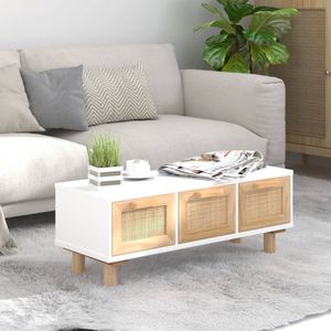 The Living Store Salontafel Naturel Rattan - 80 x 40 x 30 cm - 3 lades - Bewerkt hout - Massief grenenhout