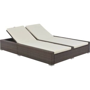 The Living Store Dubbel Zonnebed Poly Rattan - 202x145x80cm - Bruin - Incl - 2 Kussens