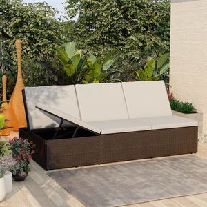 The Living Store poly rattan loungebed/bank - 2-in-1 - bruin/crÃ¨mewit - 200x121x(30.5-67.5)cm - verstelbare rugleuning