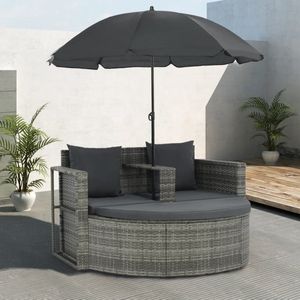 The Living Store Loungeset Grijs - 2-zitsbank - voetenbank - parasol - PE rattan - Stalen frame - 130x58x77 cm