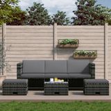 The Living Store Loungeset Rattan - 190x75x65cm - Grijs en Donkergrijs - Incl - Tafel - Hockers en Kussens