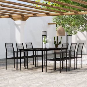 The Living Store Tuinset - Eethoek - Stalen frame - Glazen tafelblad - Waterbestendig PVC-rattan - Zwart - 200x100x74 cm - 6 stoelen
