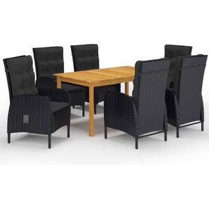 The Living Store Tuinset Acacia - Eettafel 150x90x74 cm - Zwart PE Rattan Stoel 58x63x108 cm - Zwart Kussen - Montage vereist - Levering 1 tafel - 6 stoelen - 6 kussens