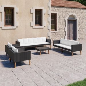 The Living Store 5-delige Loungeset met kussens poly rattan zwart - Tuinstoel - Loungestoel - Buitendining - Terras Meubilair - Garden Furniture