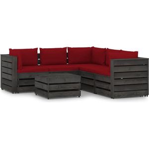 The Living Store Pallet Loungeset - Grenenhout - 69 x 70 x 66 cm - Wijnrood kussen