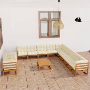 The Living Store Loungeset Grenenhouten - Tuinmeubelen - 70x70x67 cm - Kleur Honingbruin/Crème - Materiaal