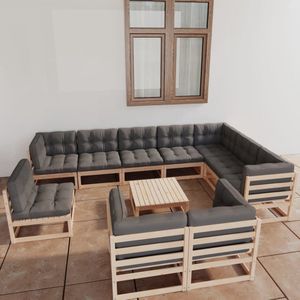 The Living Store Loungeset - Grenenhout - Grijs - 5 hoekbank + 5 middenbank + tafel - 70x70x67 cm - inclusief kussens