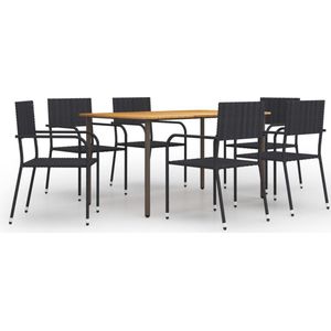 The Living Store Tuinset Acaciahout - Staal - 150 x 90 x 72 cm - Zwart PE-rattan - Stapelbare stoelen - Montage vereist