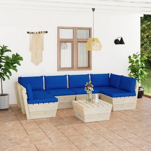 The Living Store Pallet Tuinset - Houten loungeset - 7-delig - Blauw kussen - Geïmpregneerd vurenhout - Modulair