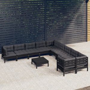 The Living Store 11-delige Loungeset met kussens grenenhout zwart - Loungestoel - Lounge Set - Tuinstoel - Buitendining - Teak Meubel