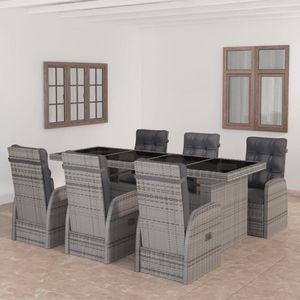 The Living Store Complete Dining Set - Poly Rattan - Grey - 240x90x74cm - Adjustable Chairs