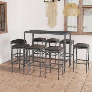 The Living Store Barset PE-rattan - Gepoedercoat Staal - Gehard Glas - Grijs/Zwart - 130 x 60 x 110 cm - 8 krukken - Crèmewit kussen - Montage vereist - Inclusief tafel - The Living Store