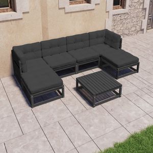 7-tlg. Garten-Lounge-Set mit Kissen Schwarz Massivholz Kiefer - Gartensofa - Lounge Set - Gartenmöbel - Rattan Möbel - Kiefernholzmöbel - The Living
