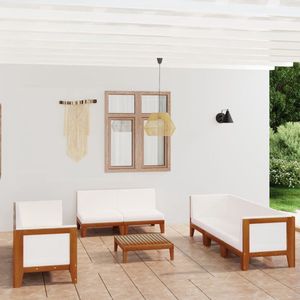 The Living Store Tuinset Acaciahout - Hoekbank - middenbank - tafel - Crèmewit - 68.5x68.5x62 cm - 100% polyester