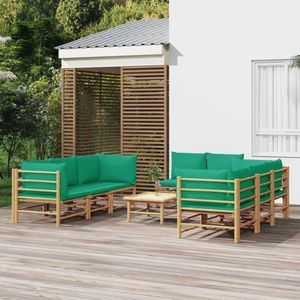 The Living Store Bamboe Loungeset - 4x Middenbank + 4x Hoekbank + Tafel - Groen Kussen - Modulair Design - Duurzaam -