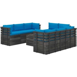 The Living Store Pallet Loungeset - Grenenhout - 60 x 65 x 71.5 cm - Lichtblauwe kussens