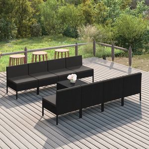 The Living Store Loungeset Modulair - Tuinmeubelset - PE-rattan - staal - Zwart - 8x middenbank - 1x voetensteun/tafel