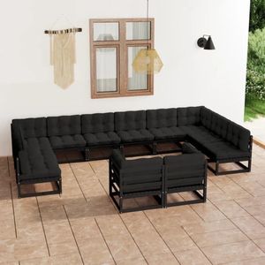 12-tlg. Garten-Lounge-Set mit Kissen Schwarz Massivholz Kiefer - Gartensofa - Lounge Set - Gartenmöbel - Outdoor Möbel - Rattan Gartenmöbel - The