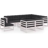 The Living Store Grenenhouten Loungeset - 5 hoekbank + 4 middenbank + tafel - wit - 70x70x67 cm (BxDxH) - inclusief kussens