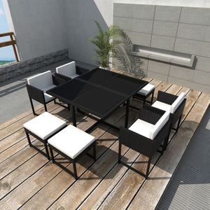 The Living Store Rattan Tuinmeubelset - 1 Tafel + 4 Stoelen + 4 Krukken - Zwart - 109 x 109 x 72 cm - Weerbestendige PE Rattan - Gehard glazen tafelblad - 100% polyester kussens - Eenvoudig te monteren