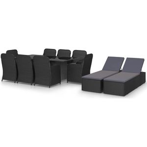 The Living Store 11-delige Tuinset poly rattan zwart - Tuinmeubels - Buitendecoratie - Lounge Set - Bistro Set - Terrassen Meubilair