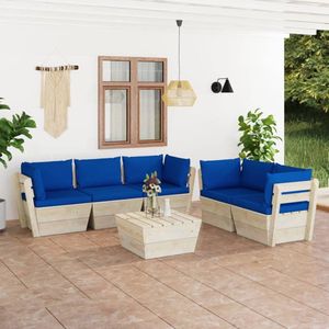 The Living Store Pallet loungeset - 6-delig - Geïmpregneerd vurenhout - Blauw kussen