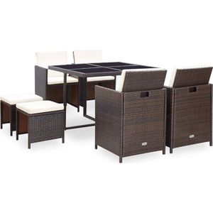 The Living Store 9-delige Tuinset met kussens poly rattan bruin - Tuinset - Rattan Meubilair - Eetkamerset - Buitendecoratie - Lounge Set
