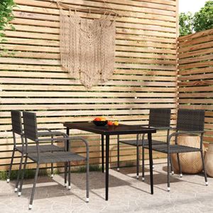 The Living Store Tuinset - zwarte buiteneetset met 1 tafel en 4 stapelbare grijze stoelen - PE-rattan en gepoedercoat staal - 140 x 70 x 74 cm (L x B x H)