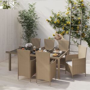 The Living Store Tuinset - Beige/Zwart - 190 x 90 x 75 cm (L x B x H) - 6 Stoelen - Met Kussens