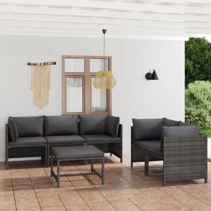6-tlg. Garten-Lounge-Set mit Kissen Poly Rattan Grau - Gartengeräte - Loungemöbel - Outdoor-Wohnzimmer - Gartenmöbelsets - Rattanmöbel - The Living