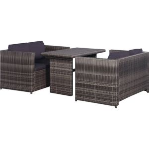 The Living Store 3-delige Bistroset met kussens poly rattan grijs - Loungeset - Lounge Stoel - Buitendecor - Tuinbank - Terrassenstoel