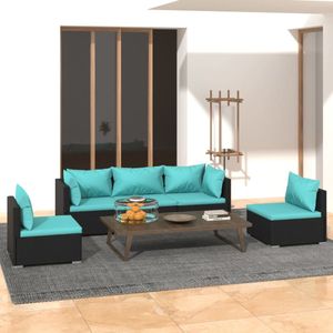 The Living Store Loungeset - PE-rattan - Waterblauwe kussens - Modulair design - Zwart