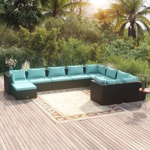 The Living Store Klassieke Poly Rattan Loungeset - 70 x 70 x 60.5 cm - Zwart - Waterblauw